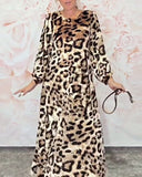 Round Neck Long Sleeve Leopard Dress