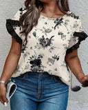 Round Neck Printed Petal Sleeve Blouse