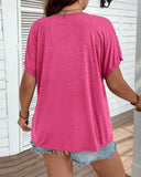 V-Neck Solid Color Hollow Stitching T-Shirt