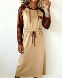Hooded Tie-Waist Elegant Paneled Leather Dress