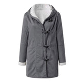 Women Fleece Lined Hooded Horns Buckle Parka Jacket with Pockets