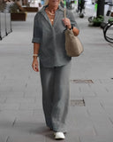 Casual Cotton and Linen Solid Color Long Sleeve Shirt and Pants Suit