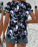 Leaf Print Color Block Blouse