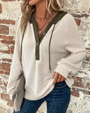 Color-Blocked Button V-Neck Hoodie