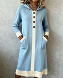 Hooded Button-Down Colorblock Sweater Dress