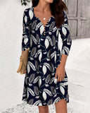 Button V-Neck Leaf Print Dress