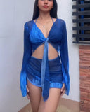 A three-piece swimsuit set consisting of crisscross strap Cover-Ups, a bikini and a drawstring swim skirt.