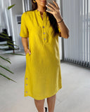 V-Neck Short-Sleeved Button-Down Shift Dress