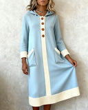 Hooded Button-Down Colorblock Sweater Dress