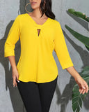 Solid Color V-Neck Hollow Top