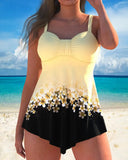 One-Piece Floral Print Color-Block Swimdress