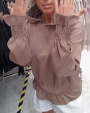 Hooded Shirred Long-Sleeved Ruffle Trim Sweatshirt