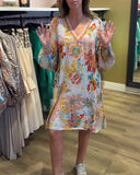 V-Neck Retro Floral Print Lantern Sleeve Dress
