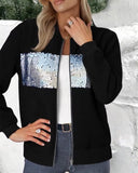 Zippered Sequined Long-Sleeved Coat