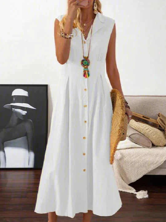 Women Solid Cotton Linen Button Front Casual Sleeveless Midi Dress