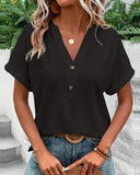 Notched Neck Eyelet Short Sleeve Plain Shirt