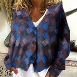 V-neck buttoned irregular contrast printed knit cardigan