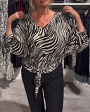 V-Neck Animal Print Bat Sleeve Blouse