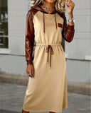 Hooded Tie-Waist Elegant Paneled Leather Dress