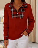 Half-Zip Plaid Color-Block Ribbed Hoodie