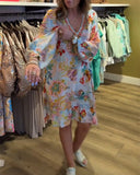 V-Neck Retro Floral Print Lantern Sleeve Dress
