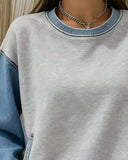 Round Neck Denim Patchwork Sweatshirt