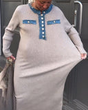 Denim Patchwork Round Neck Knitted Dress