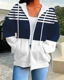 V-Neck Loose Striped Zip-Up Coat