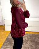 Mesh Sleeve Sequined Crew Neck Top