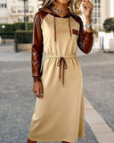 Hooded Tie-Waist Elegant Paneled Leather Dress