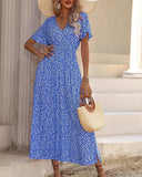 V-Neck Waist Floral Print Slit Dress