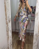 Retro V-Neck Printed Fishtail Skirt Suit