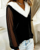 Fur-Collar Spliced Long-Sleeved Top
