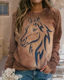 Horse Pattern Round Neck Long Sleeve Top