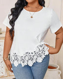 Short-Sleeved Solid Color Lace Patchwork T-Shirt