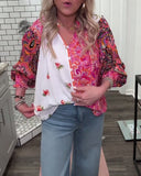V-Neck Floral Print Long-Sleeved Shirt