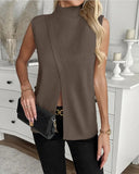 Elegant Sleeveless Turtleneck Slit Pullovers