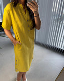 V-Neck Short-Sleeved Button-Down Shift Dress