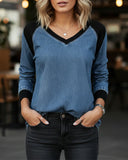 Long-Sleeved V-Neck Contrasting Color Pullover Sweater