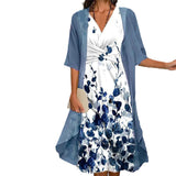 Women Two Piece Printed Midi Dress Elegant Twist Knot Front V Neck Half Sleeve Dress