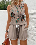 Sleeveless Retro Feather Print Set