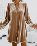 Stand-Collar Long Sleeve Velvet Dress