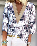 V-Neck Patchwork Knitted Printed T-Shirt