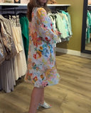 V-Neck Retro Floral Print Lantern Sleeve Dress