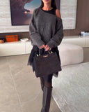 Off-Shoulder Loose Jumper & Lace Hem Dress