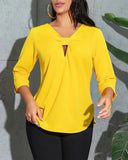 Solid Color V-Neck Hollow Top