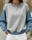 Round Neck Denim Patchwork Sweatshirt