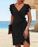V-Neck Ruffle Sleeve Waist Dress