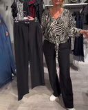 V-Neck Animal Print Bat Sleeve Blouse