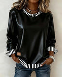 PU Spliced Vertical Stripe Round Neck Sweatshirt